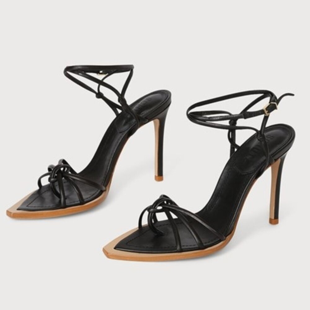 SCHUTZ Abby Black Leather Knotted Pointed Toe High Heel Sandals Size 8.5